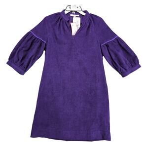 NWT Joy Joy Deep Purple Corduroy Shift Dress XS Puff Sleeve Linen Blend Academia